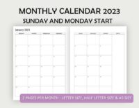 2023 monthly calendar free printable