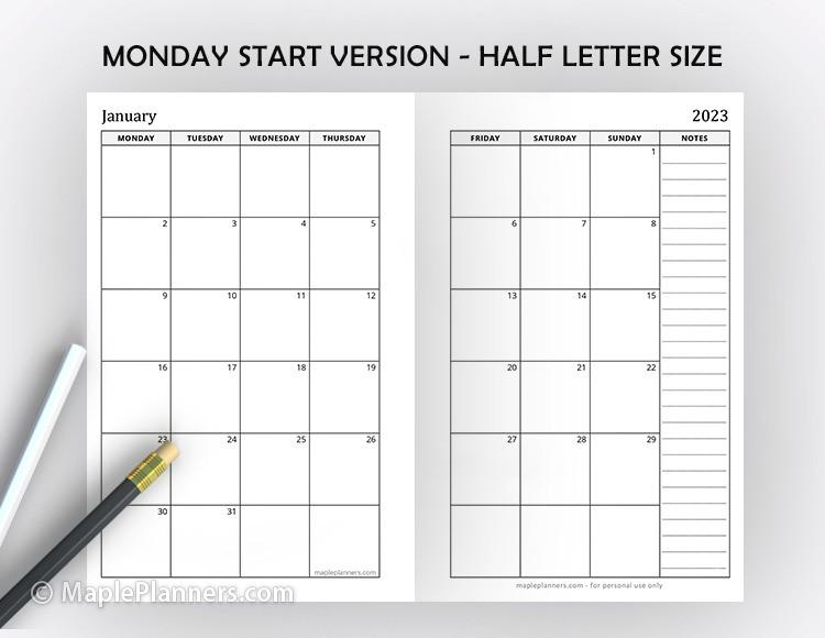 Half Letter Monthly Calendar 2023 Printable
