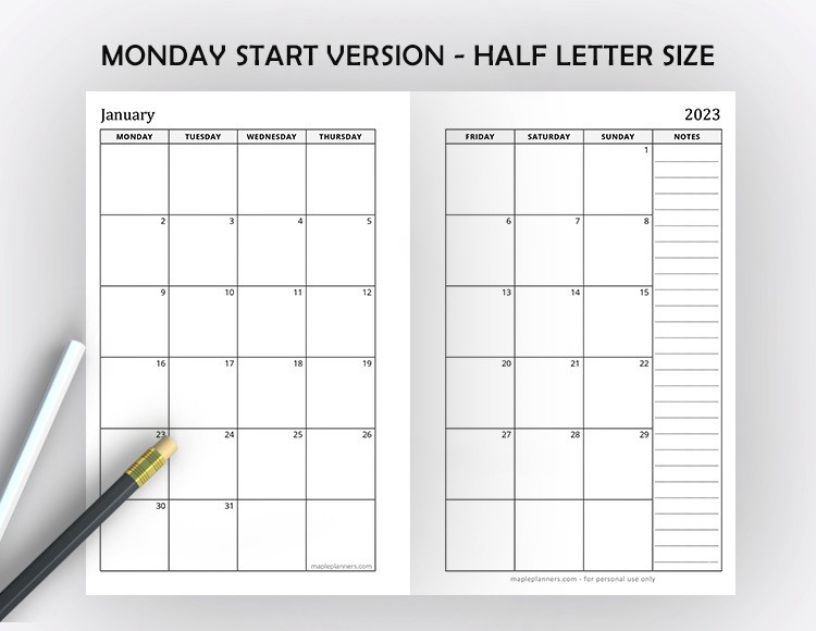 Half Letter Monthly Calendar 2023 Printable