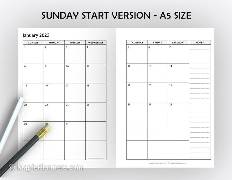 A5 Monthly Planner Sunday Start