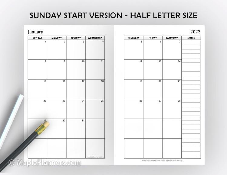Sunday Start Half Letter Size Monthly Planner