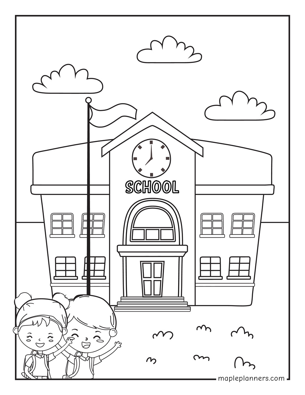 School Building Coloring Page Printable