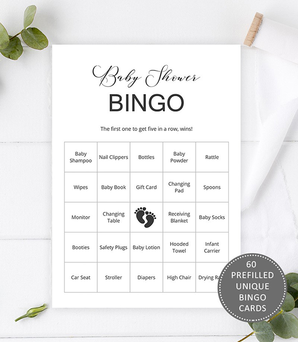 60 Prefilled Unique Baby Bingo Cards