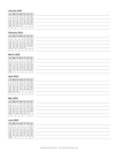 Make your own Six Month Calendar Printable with Writing Space