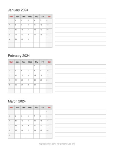 Make your own Three Month Calendar with Notes Space Printable
