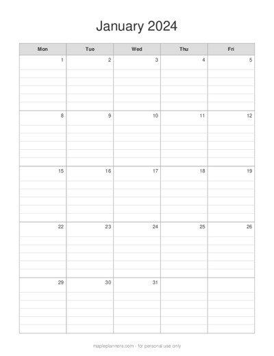 Make your own 5-Day Monthly Calendar Printable